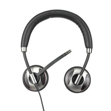 A Plantronics Blackwire C725-M headset with a USB cord and active noise cancelling technology.