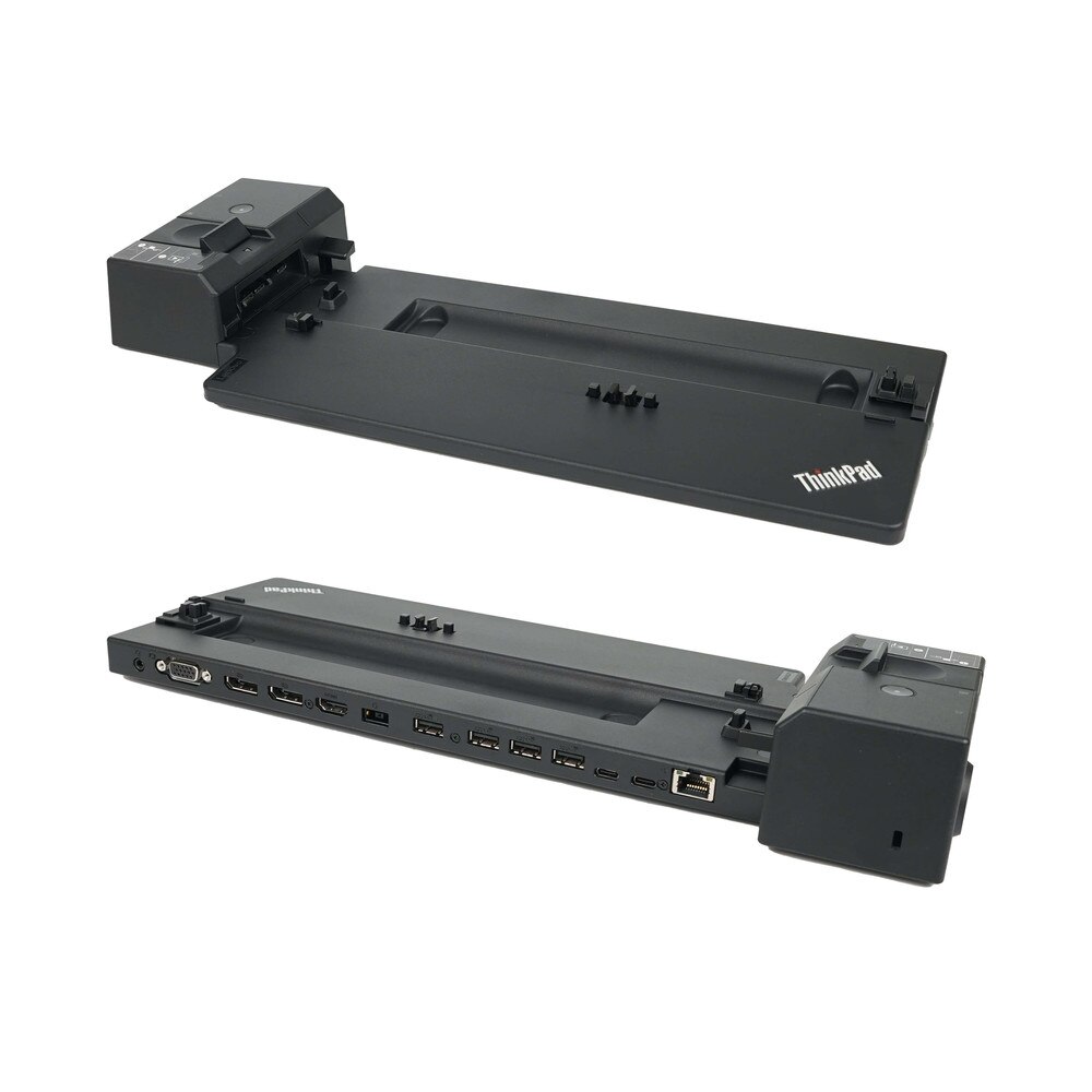 A photo of a Lenovo 135W ThinkPad Ultra Docking Station (40AJ0135US) that can connect multiple devices and peripherals to a laptop via a single cable and provide power, security.