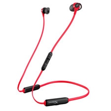 A photo of a pair of HyperX Cloud Buds wireless headphones with a flexible neckband, an in-line mic and audio controls.