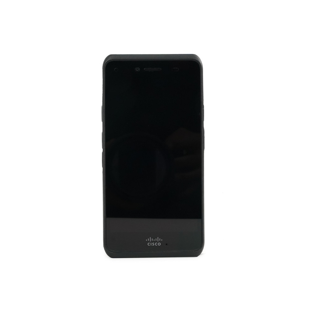 A photo of a black Cisco 860 WW Phone CP-860-K9 with a large touchscreen, three buttons, and a logo on the front.