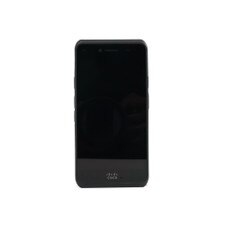 A photo of a black Cisco 860 WW Phone CP-860-K9 with a large touchscreen, three buttons, and a logo on the front.