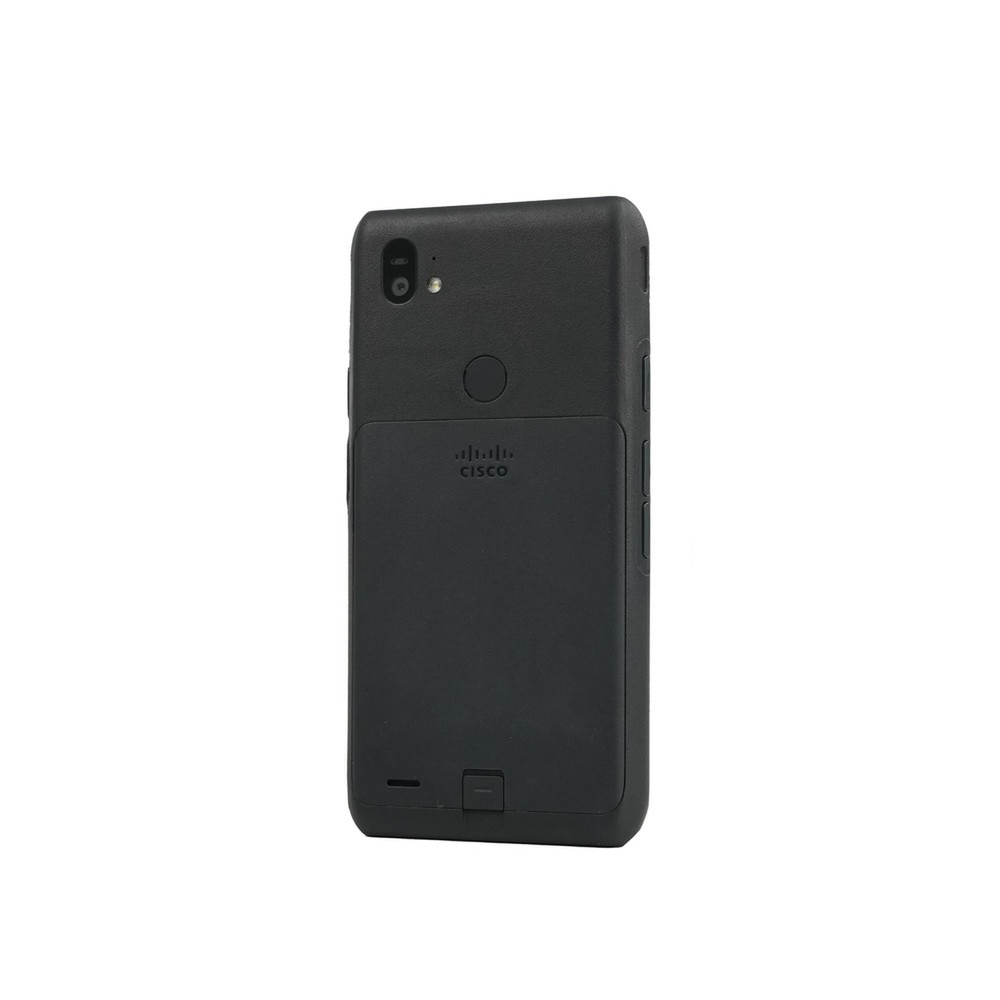 A photo of a black Cisco 860 WW Phone CP-860-K9 with a large touchscreen, three buttons, and a logo on the front2