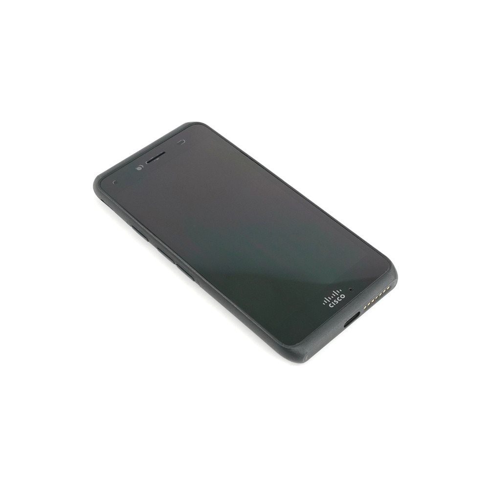 A photo of a black Cisco 860 WW Phone CP-860-K9 with a large touchscreen, three buttons, and a logo on the front3