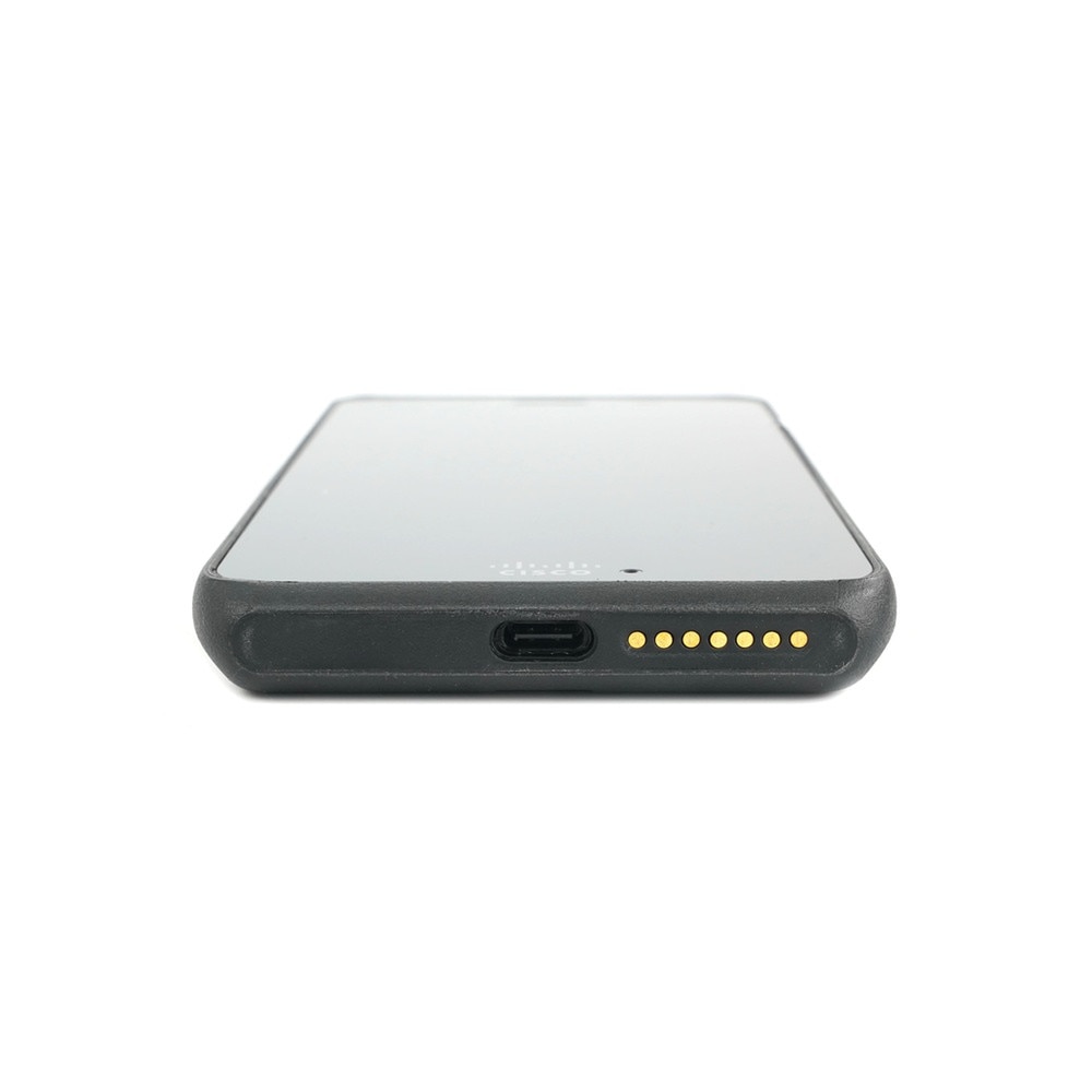 A photo of a black Cisco 860 WW Phone CP-860-K9 with a large touchscreen, three buttons, and a logo on the front4