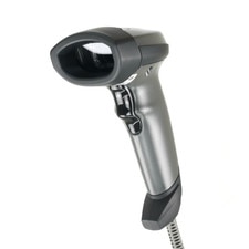 A Zebra LI2208 barcode scanner with a black handle and a yellow trigger, connected to a USB cable and a stand.