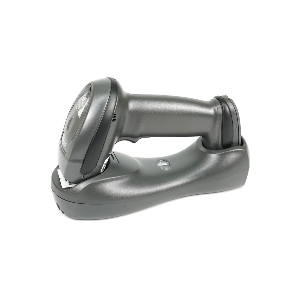 A Zebra LI4278 cordless scanner with a black handle and a yellow trigger, resting on a black cradle.