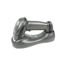 A Zebra LI4278 cordless scanner with a black handle and a yellow trigger, resting on a black cradle.