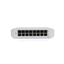 A picture of a Ubiquiti UniFi Switch Lite 16 Port Gigabit POE USW-LITE-16-POE, which is a Layer 2 switch with eight PoE+ ports and eight Gigabit Ethernet ports.