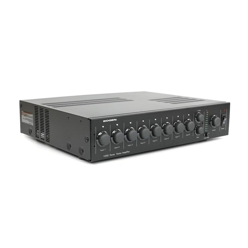 A photo of a black rectangular-shaped device with eight empty slots for plug-in modules on the front, and a power cord and various connectors on the back. The device has a Bogen logo and a model name