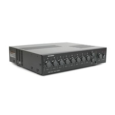 A photo of a black rectangular-shaped device with eight empty slots for plug-in modules on the front, and a power cord and various connectors on the back. The device has a Bogen logo and a model name