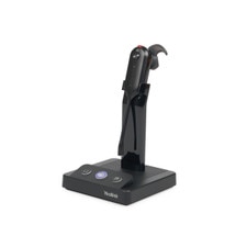 A Yealink WH63 Microsoft Teams Convertible DECT Wireless Headset with a silver and black color scheme. The headset has a flexible ear hook that can be worn on either ear, a microphone boom